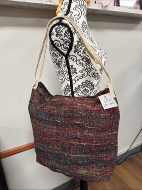Zig Zag Multicolor Woven Tote with Cream Straps